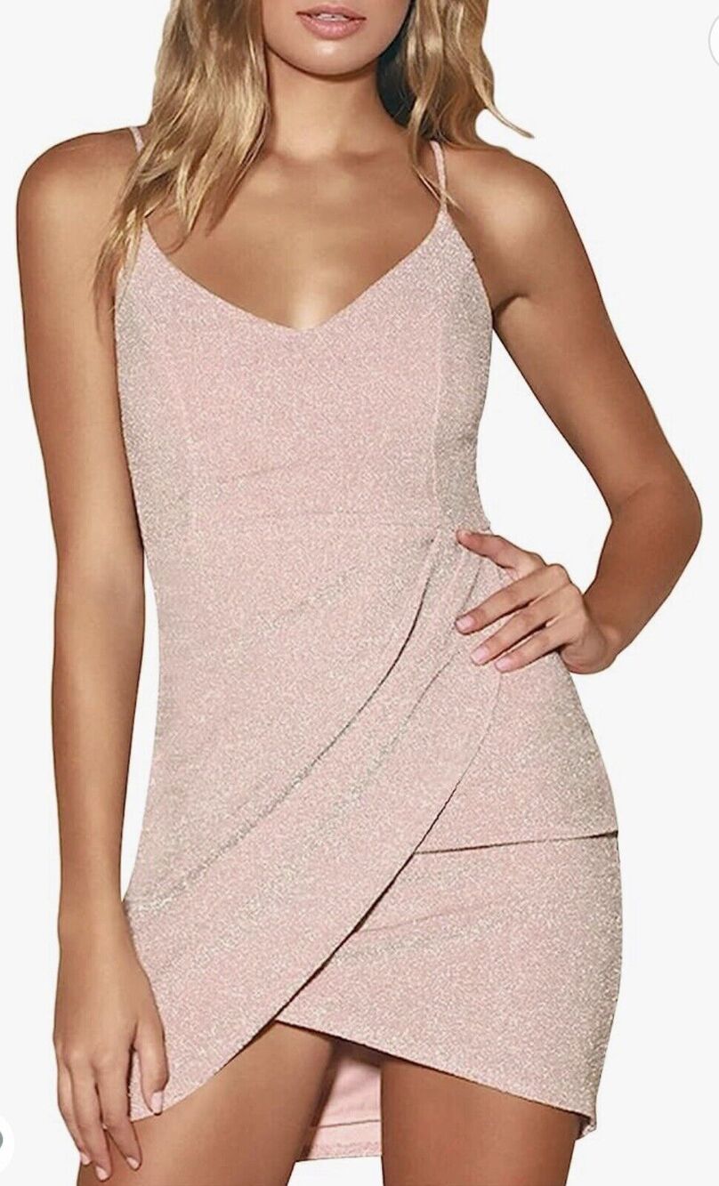 AOOKSMERY Women’s Sexy Glitter Spaghetti Strap Mini Dress Bodycon Peach Size XL